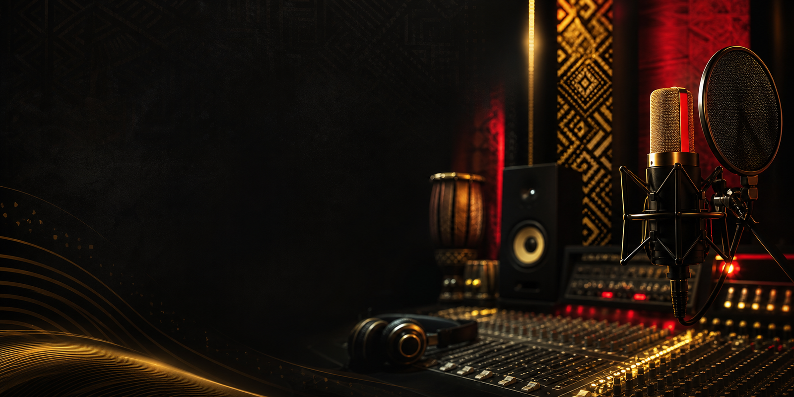 Cinematic recording studio with gold microphone and African-inspired texture